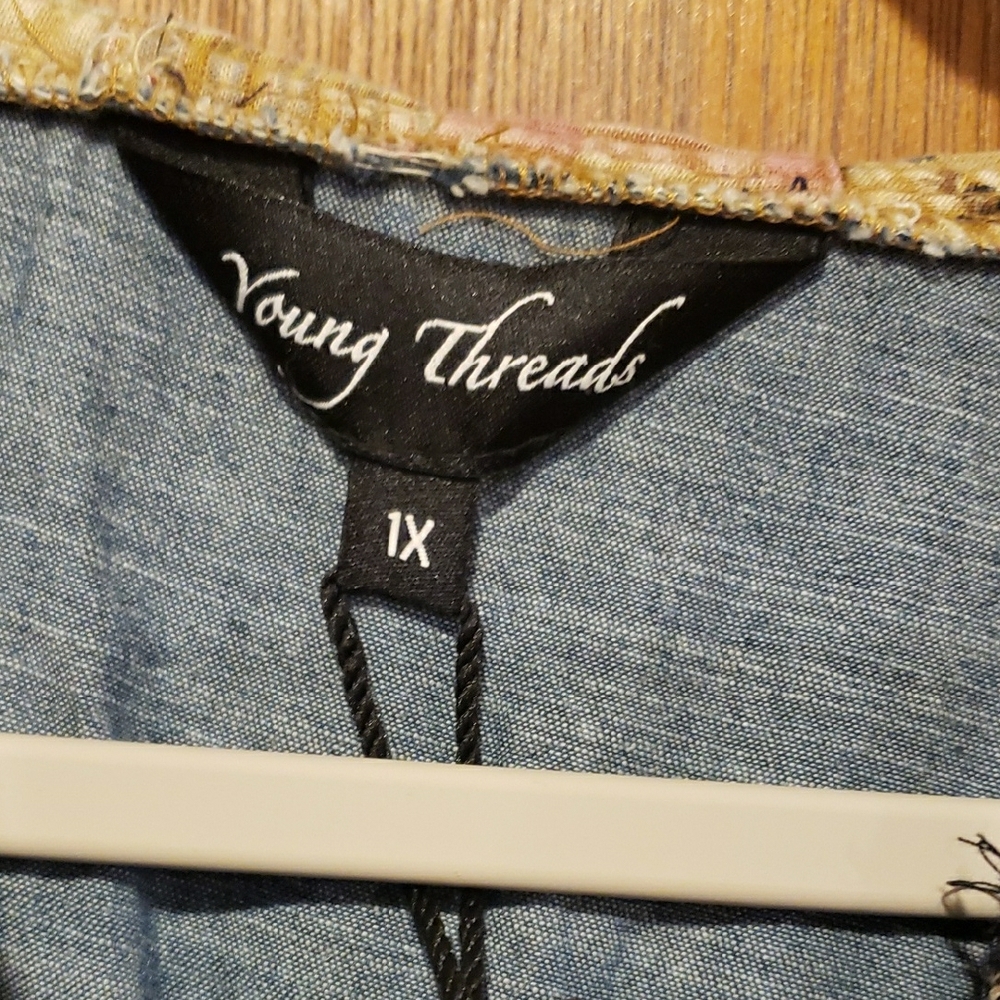 NWT Young Threads Denim Patchwork Hooded Shacket … - image 2